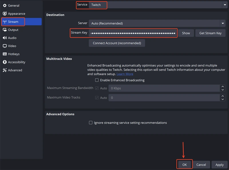 اتصال OBS به توییچ